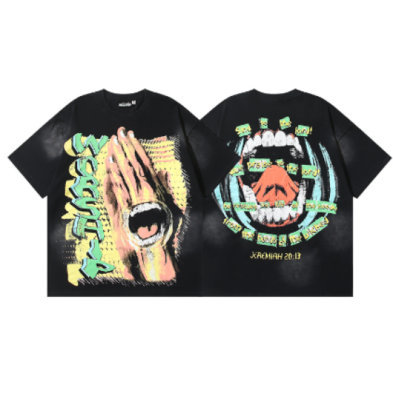 Hellstar Washed Retro Trendy Print Short-Sleeve T-Shirt